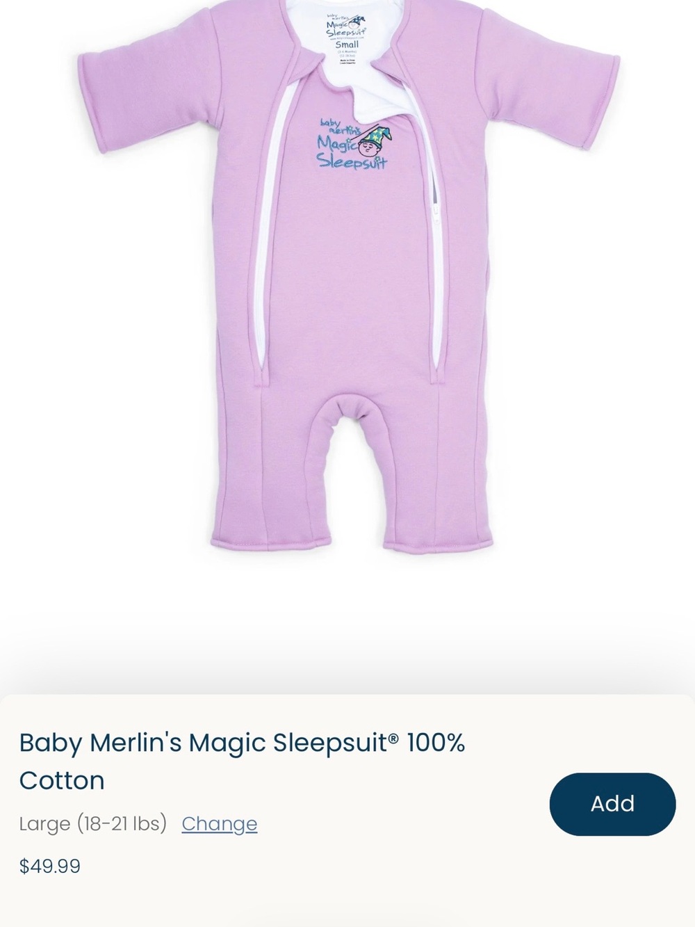 Baby Merlin's Magic Sleepsuit Lavender- Large 6-9 months- Cotton